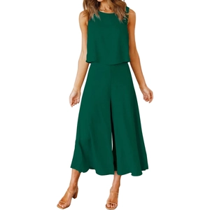 Deep green 2-piece summer set with sleeveless round neck top and wide-leg culottes
