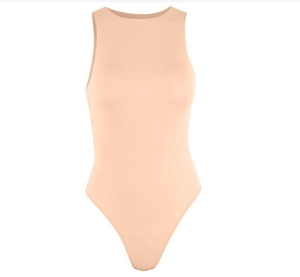 Close-up of nude sleeveless halter bodysuit with seamless texture and slim fit design