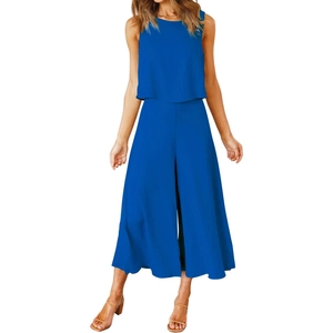 Detail view of navy blue 2-piece set featuring sleeveless round neck top and wide-leg pants