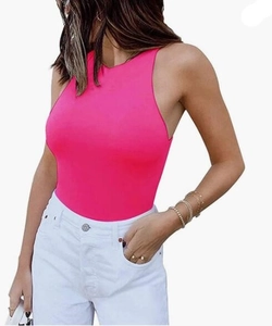 Close-up of pink sleeveless slim fit bodysuit with racerback and round neck details