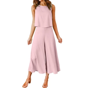 Women's two-piece summer set with round neck sleeveless crop top and wide leg pants in pink