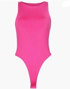 Flat lay of pink sleeveless bodysuit with round neck and high cut leg opening