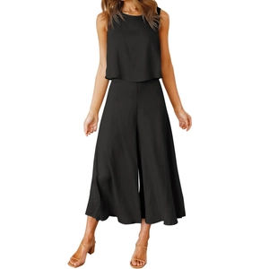Women's summer two-piece outfit featuring a sleeveless round neck crop top and wide leg pants