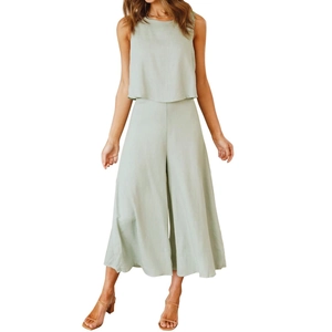 Women's 2-piece summer set with sleeveless round neck top and wide leg pants in sage green