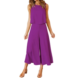 Deep purple two-piece summer set with sleeveless round neck top and wide-leg trousers