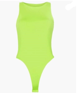 Detailed view of neon green sleeveless bodysuit with high cut leg and scoop neckline