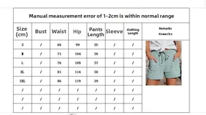 Detailed size chart for high waist drawstring shorts with loose fit measurements