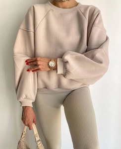 Women's crewneck pullover and ribbed leggings lounge set in beige color