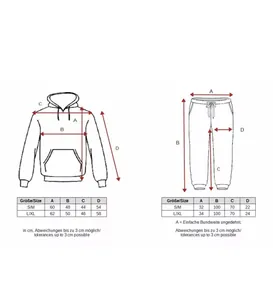 Detaillierte Größentabelle für das zweiteilige Damen Sportset mit Hoodie und Hose