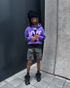 Streetwear purple hoodie with pink LOVE lettering and black cross print detail