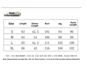 Detailed size chart for long sleeve hoodie tracksuit set including measurements S to XL