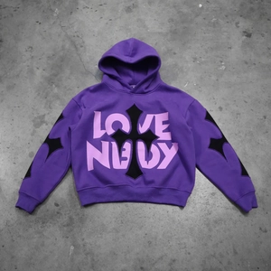 Streetwear purple hoodie featuring oversized gothic cross patch and Love Nerdy letter print