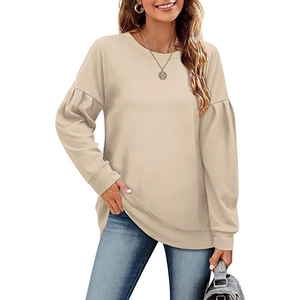 Schicker aprikosenfarbener Rundhals-Sweatshirt für Damen mit modischen Puff-Laternenärmeln im Alltag