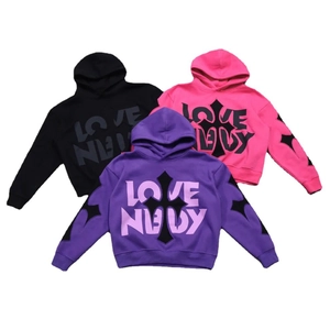 Streetwear oversized cross print hoodies for women in black pink and purple colors