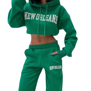 Grüner zweiteiliger Fleece-Trainingsanzug mit New Orleans Crop-Hoodie und Jogginghose