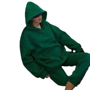 Dunkelgrüner Oversized-Baumwoll-Fleece-Hoodie und Jogginghosen-Set für Damen Sport