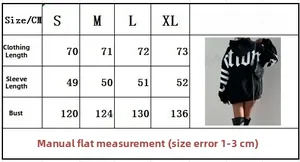 Size guide table for women's oversized floral hoodie showing length and chest dimensions