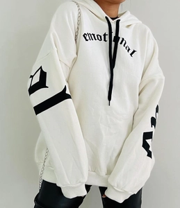 Women's white oversized hoodie with emotional gothic print and black drawstrings