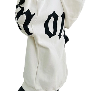 Women's white oversized hoodie with black gothic letter print on the side sleeve