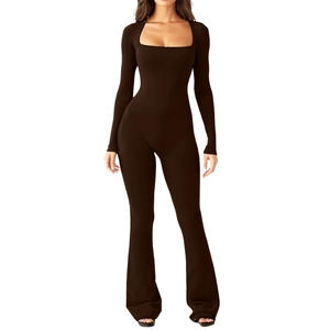 Deep brown long sleeve bodysuit with square neck and high elastic flared pants