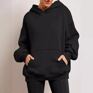 Women Casual Oversized Hoodie Long Sleeve Pullover With Kangaroo Pocket Dropped Shoulder Solid Color Hooded Sweatshirt Top