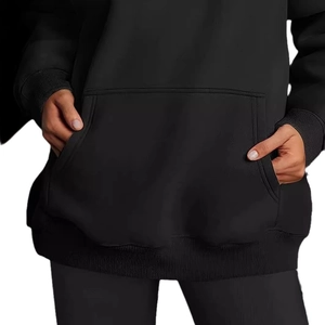 Women's black casual hooded sweatshirt with large kangaroo pocket and ribbed cuffs finish