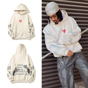 Unisex Hip Hop Heart Letter Puff Print Hoodie Cream Streetwear Oversized Graphic Fleece Sweatshirt With Kangaroo Pocket