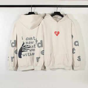Beige streetwear hoodie featuring red heart print and back graphic, front and back view