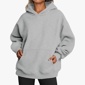 Women's oversized grey hooded sweatshirt with drop shoulders and front kangaroo pocket