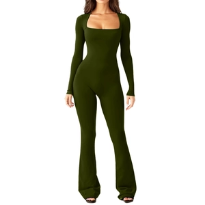 Women's square neck long sleeve jumpsuit in olive green with flared leg and slim fit