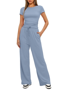 Detail of blue two-piece lounge set featuring drawstring waistband and side pockets