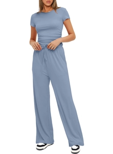 Close-up of ribbed texture on dusty blue short sleeve top and wide leg pants set