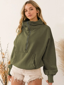 Women's olive green half-zip hoodie with front pocket and drawstring hood detail