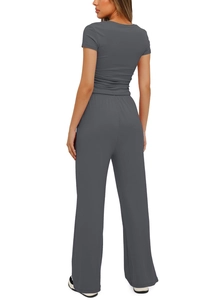 Rear view detail of dark grey high waist wide leg trousers and short sleeve set
