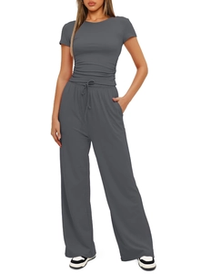 Detail view of dark grey lounge set featuring ruched short sleeve top and drawstring waist