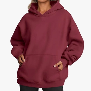 Women's oversized deep red drawstring hoodie with kangaroo pocket and ribbed cuffs