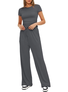 Detail view of grey two-piece set featuring a slim-fit crewneck tee and drawstring wide-leg pants