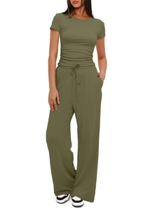 Detail view of olive green two-piece set featuring drawstring waist and wide leg trousers