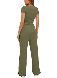 Back view of olive green two-piece set featuring short sleeve top and wide leg pants