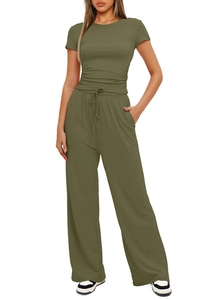 Detail view of olive green ribbed short sleeve top and drawstring wide leg pants