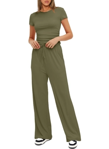 Detail of army green ribbed knit two-piece set featuring ruched short sleeve top and pants
