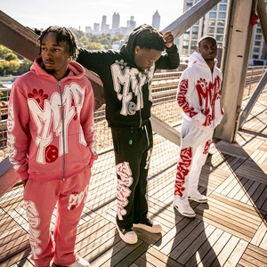 Y2K Streetwear-Hoodie-Sets mit bunten Graffiti-Prints in Pink, Schwarz und Weiß