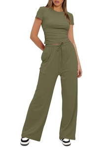 Detail of olive green two-piece lounge set with ruched side top and drawstring pants