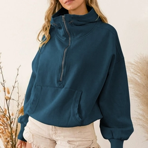 Navy blue half-zip hooded sweatshirt with drop shoulder design and kangaroo pocket