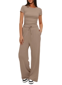 Detail of mocha short sleeve top with side ruching and wide leg pants set with drawstring