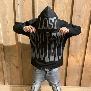 Oversized black hoodie with Lost Society puff print lettering in gothic street style
