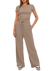 Close-up of the ruched side detail and drawstring waist on the casual two-piece lounge set