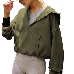 Olive green half-zip cropped hoodie with kangaroo pocket and elastic ribbed hem for women