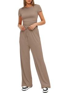 Detail of high-waist wide-leg pants and short-sleeve top in taupe ribbed knit fabric