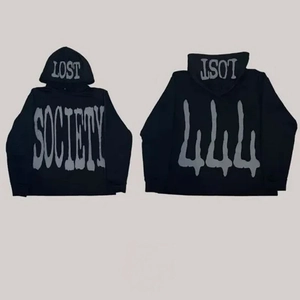 Front and back view of black oversized gothic hoodie with gray puff print letters